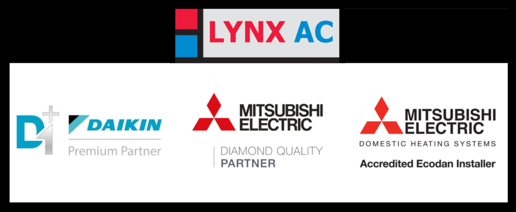 Lynx AC logo with Daikin D1+ logo and Mitsubishi Electric Diamond quality partner logo and accredited ecodan installer logo